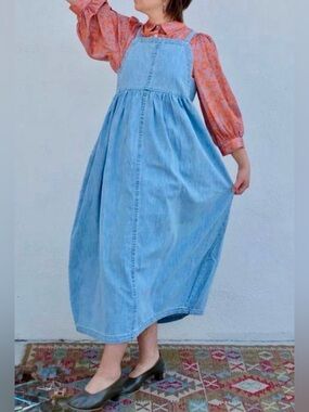 Cottagecore Embroidered Denim Maxi Jumper Dress